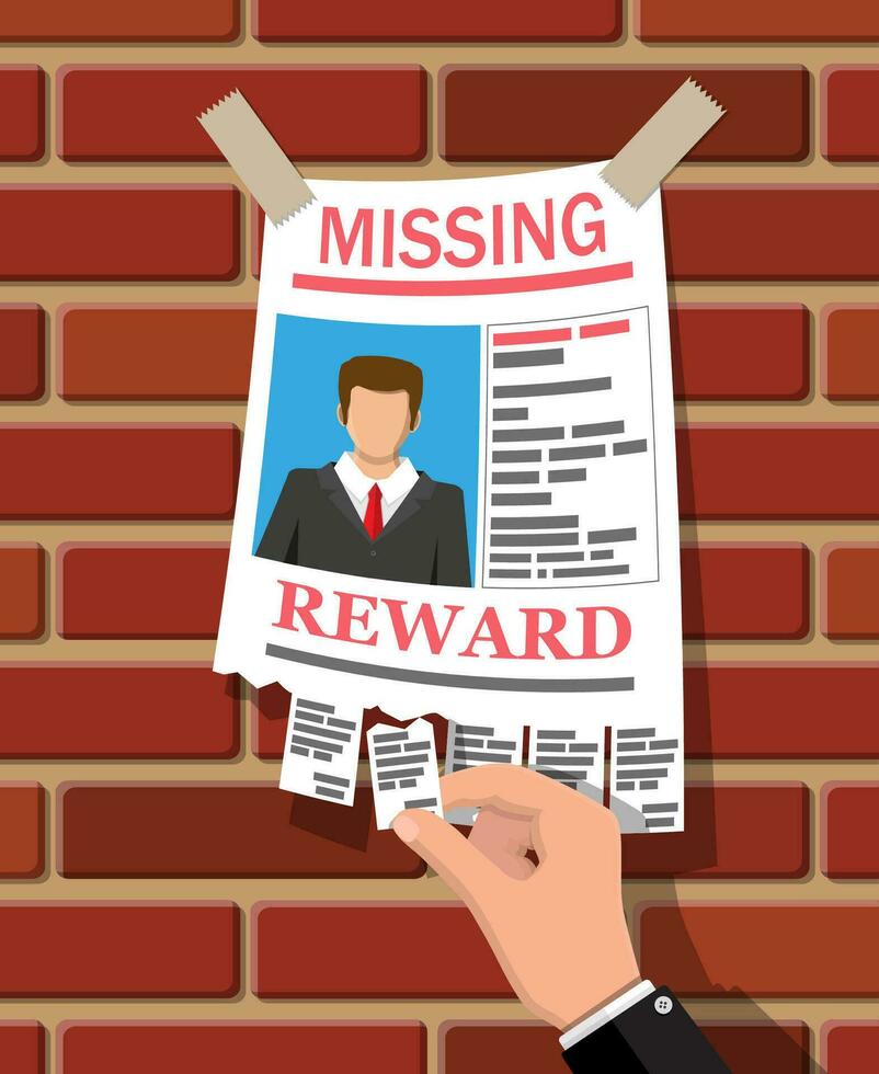 Wanted person paper poster. Missing announce. Information tear off papers. Search for lost person in big city. Vector illustration in flat style