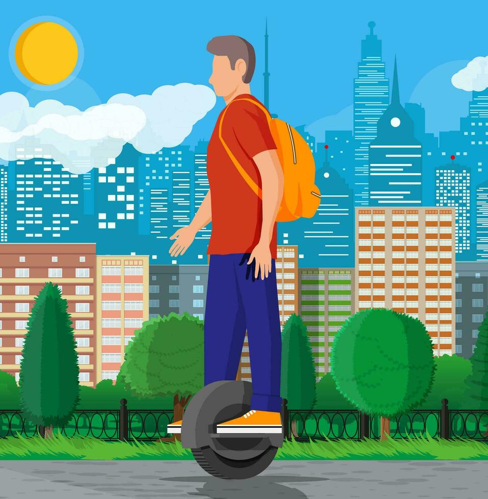 Guy on monocycle wheel. Man with backpack riding electric self balancing scooter. Hipster character uses modern urban transport. Ecological, convenient city transportation. Flat vector illustration