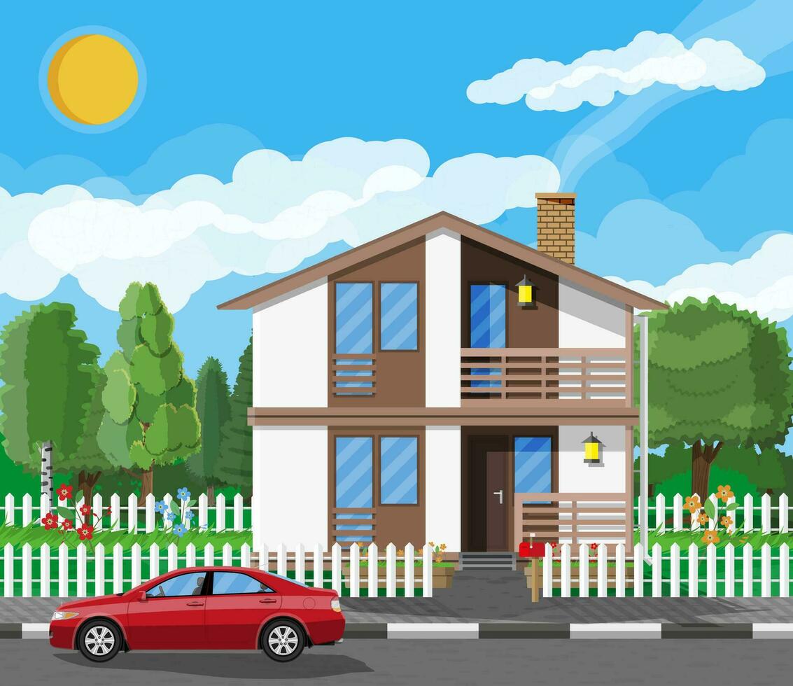 Suburban family house. Countryside wooden house icon. Car, road, fence, forest with trees and building. Nature panorama landscape. Real estate and rent. Vector illustration in flat style