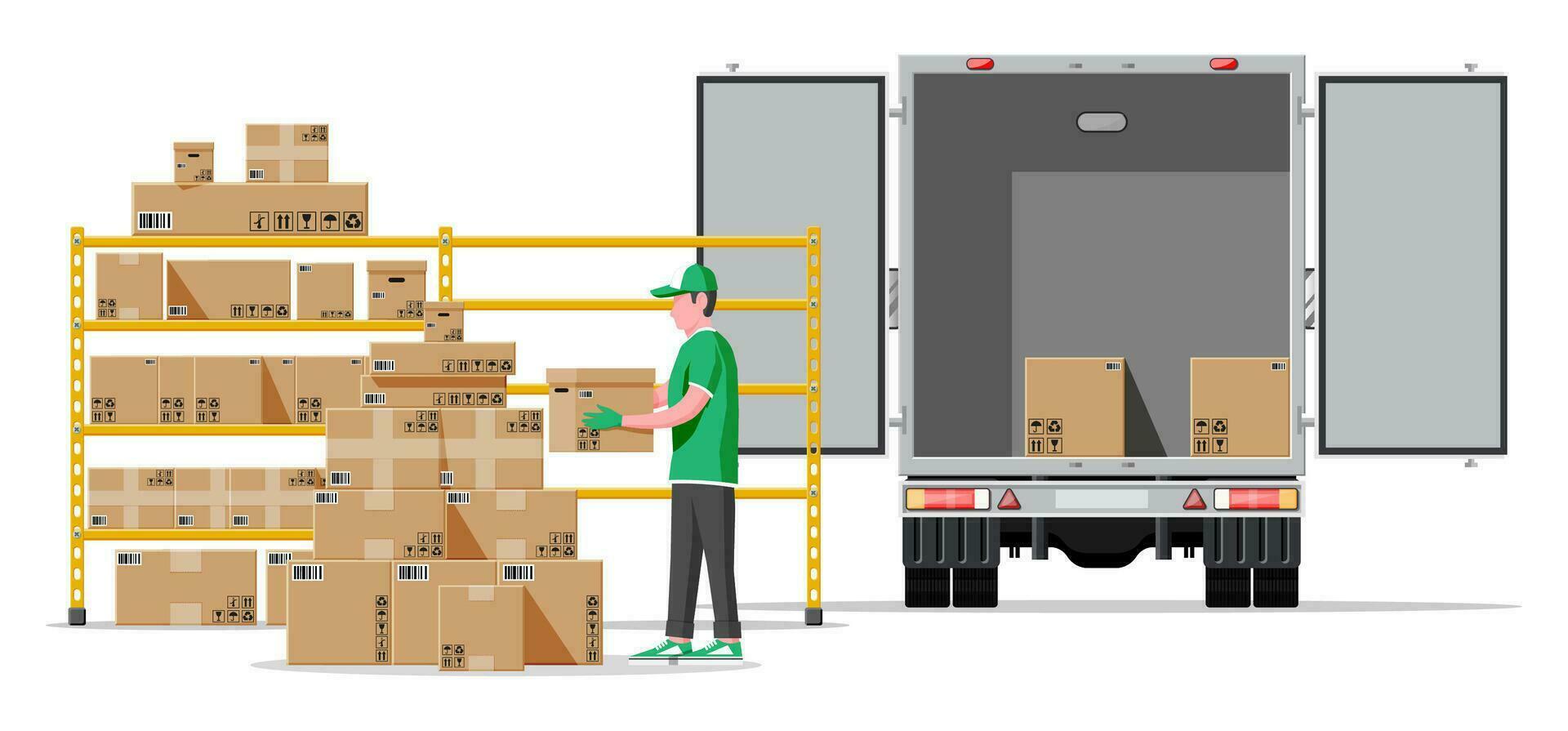 Warehouse shelves with goods, delivery truck, mover, container package boxes. Pile cardboard boxes set. Carton delivery packaging open and closed box with fragile signs. Flat vector illustration