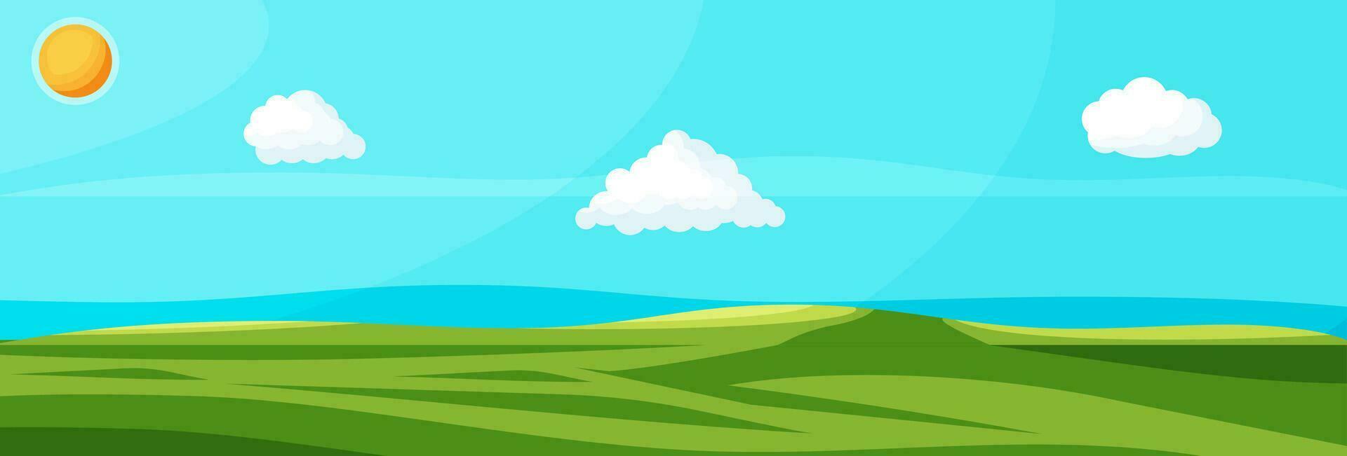 Empty Green Landscape With Blue Sky, Clouds And Sun. Green Meadow With Grass. Sunny Glades With Field Grasses. Nature And Freedom. National Park or Nature Reserve. Vector Illustration In Flat Style