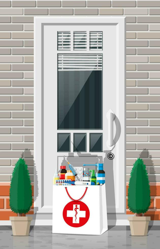 Paper bag of drugs left at door of living house. Medical delivery from pharmacy or hospital. bottles, tablets, pills, capsules and sprays for illness express delivery. Flat vector illustration
