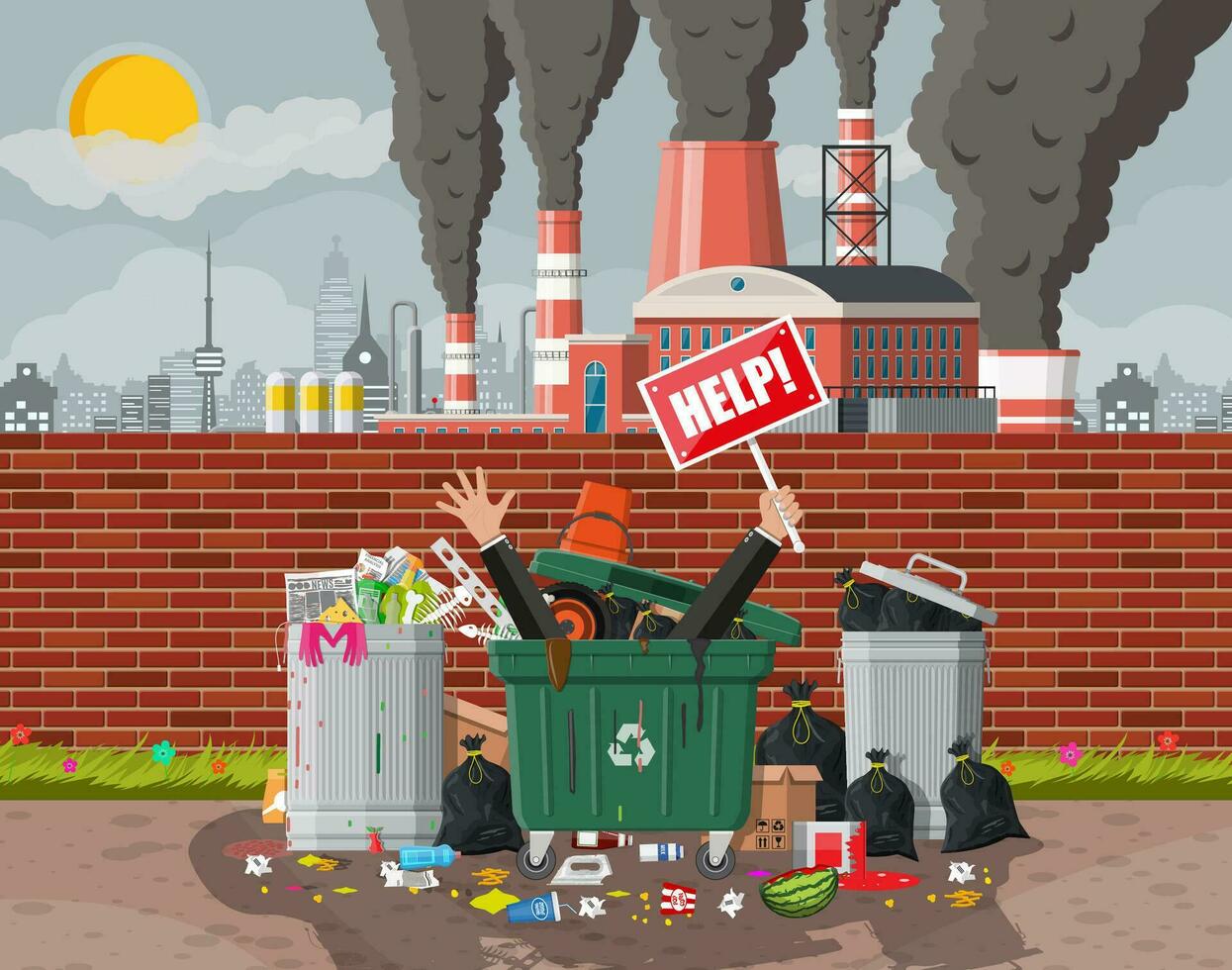 Plant smoking pipes. Smog in city. Trash emission from factory. Environmental disaster. Garbage bin full of trash. Environmental pollution ecology nature. Vector illustration flat style
