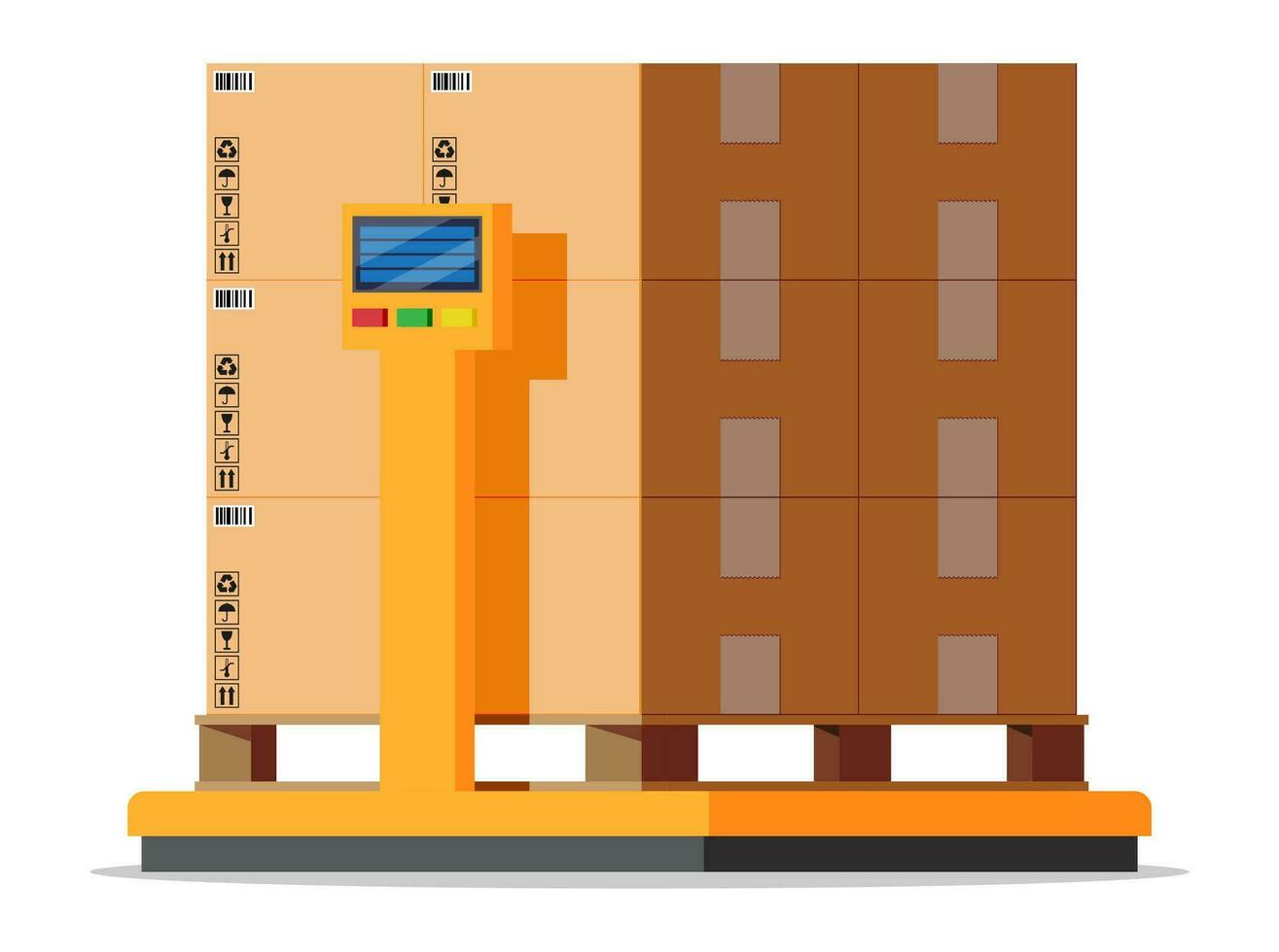 Industrial cargo weight scales. Weight of goods. Logistic and distribution, parcel package, cardboard boxes. Scale with box isolated on white. Warehouse service, delivery. Flat vector illustration