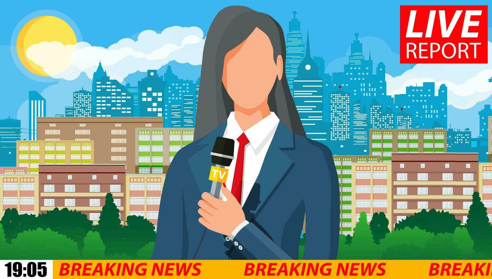 News announcer in the studio. Cityscape with buildings, clouds, sky, sun. Journalism, live report, breaking hot news, television and radio casts concept. Vector illustration in flat style