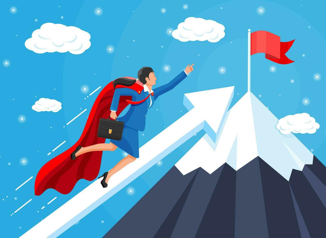 Super businesswoman on mountain chart ladder with waving necktie and briefcase. Goal setting. Smart goal. Business target concept. Achievement and success. Vector illustration in flat style