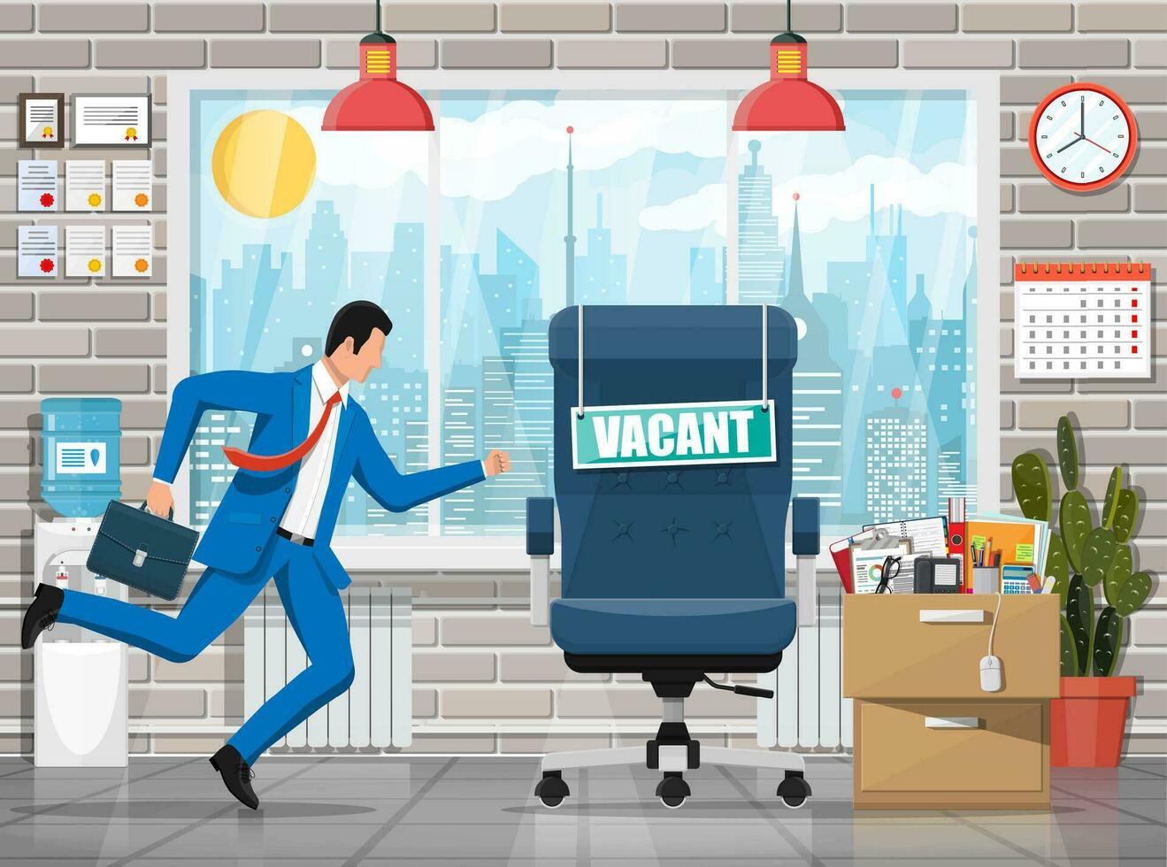 Businessman, office interior, chair with sign vacancy, locker full of office itmes. Hiring recruiting. Human resources management, searching professional staff work hr resume. Flat vector illustration