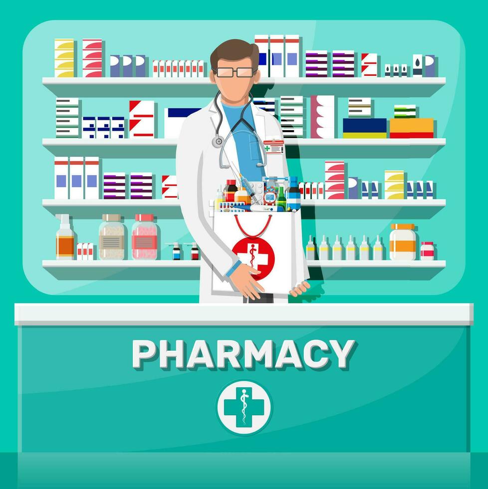 moderno interior de farmacia y masculino farmacéutico. medicina pastillas cápsulas botellas vitaminas y tabletas farmacia escaparate. estantería con medicamentos. médico droga, cuidado de la salud. plano vector ilustración