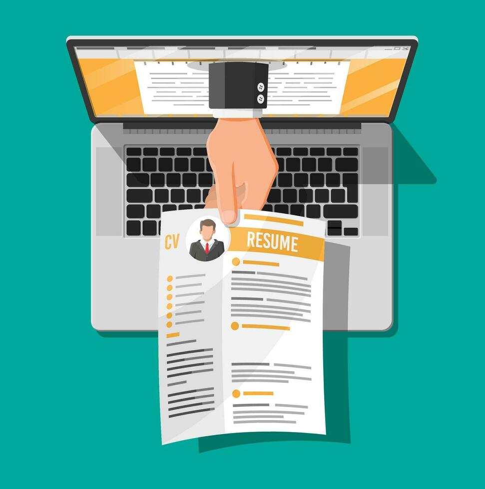 Job resume document out from laptop. Hand holding cv resume papers. Human resources management concept, searching professional staff, work. Found right resume. Vector illustration in flat style