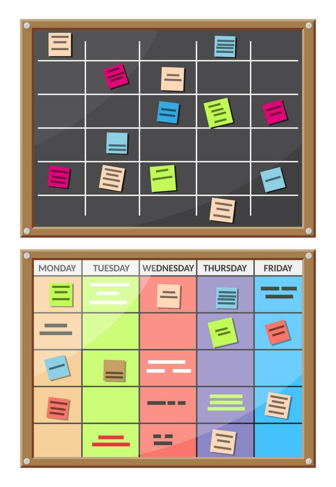 Bulletin board full of tasks on sticky note cards. Development, team work, agenda, schedule, to do list. Vector illustration in flat style