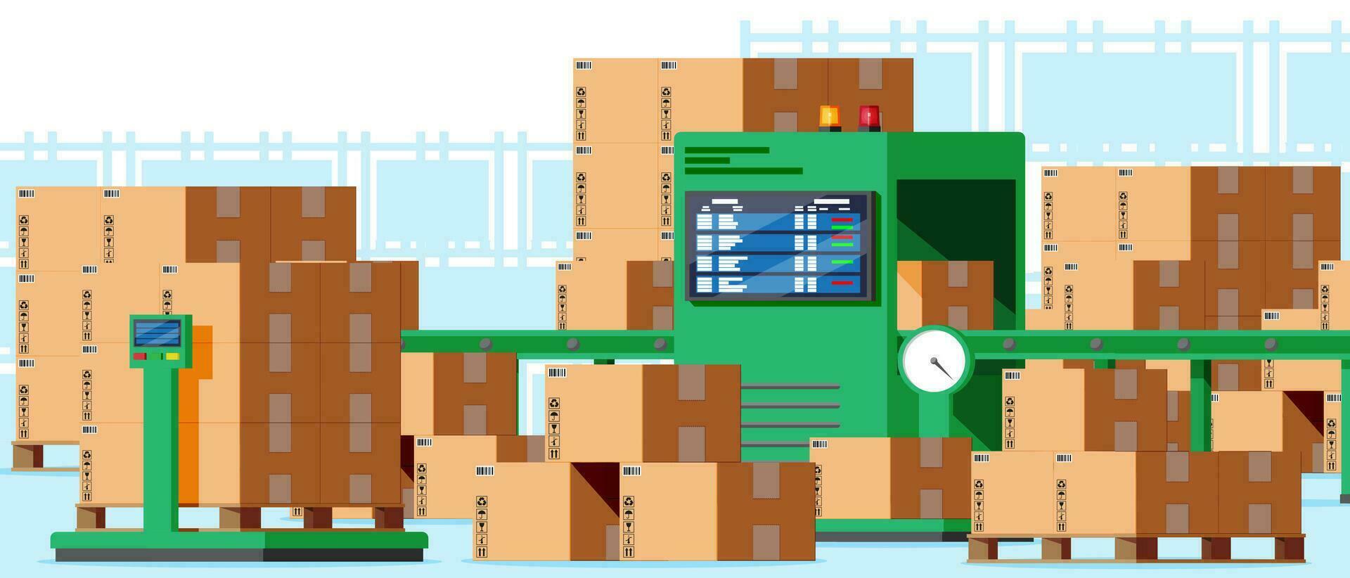 transportador cinturón máquina concepto interior. moderno fábrica equipo. almacén proceso servicio. paquete radiografía equipaje. seguridad, logístico y entrega. dibujos animados plano vector ilustración