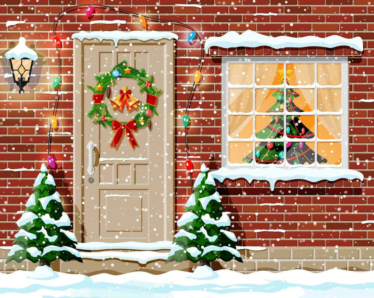 Christmas facade decoration. Entrance to suburban house decorated with wreath, bells, garland lights. Holiday greetings. Snowflakes, snowdrifts. New year and xmas celebration. Flat vector illustration