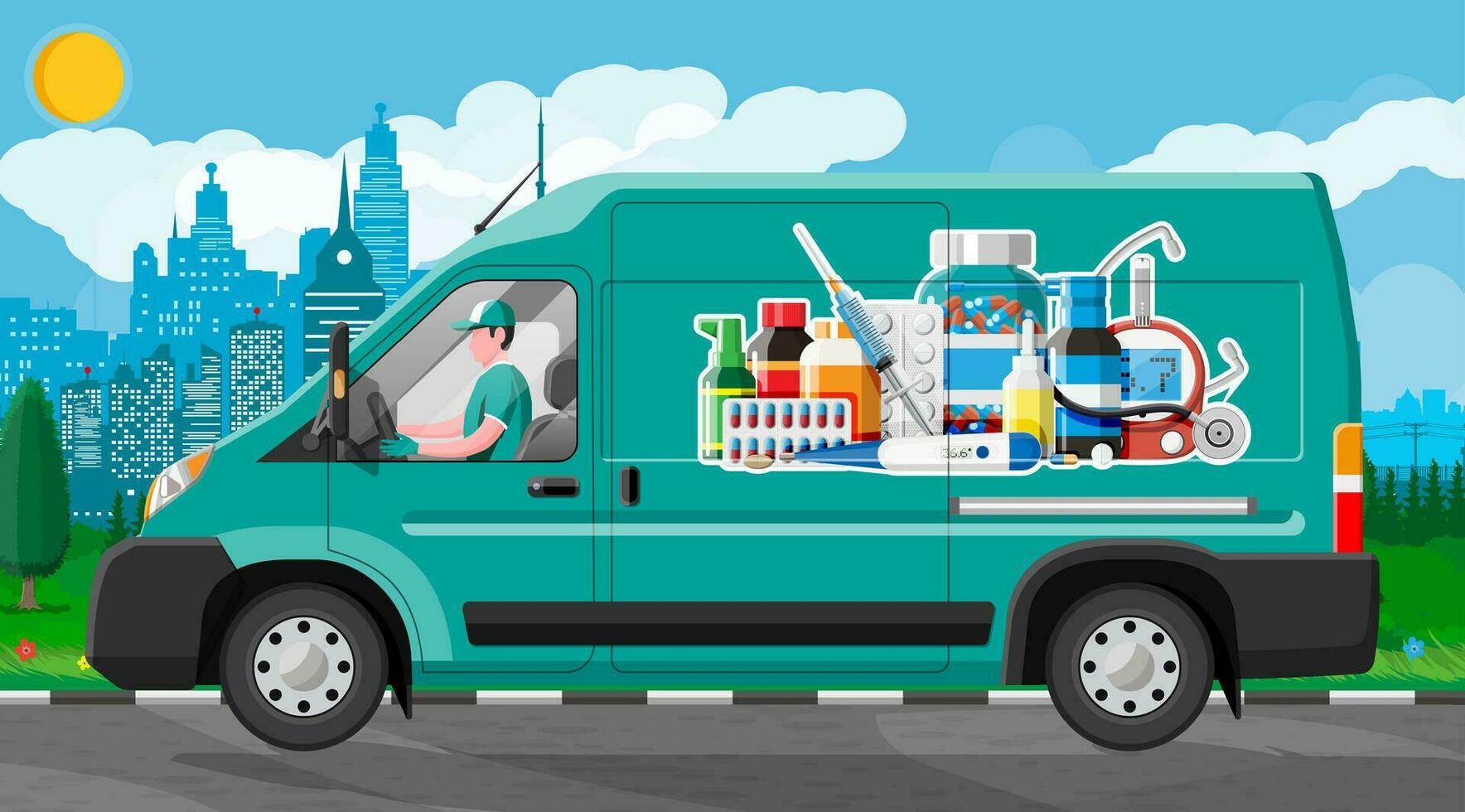 camioneta para entrega farmacéutico drogas verde farmacia camión. Internet farmacia, oline orden. médico asistencia, ayuda, apoyo en línea. salud cuidado. vector ilustración en plano estilo