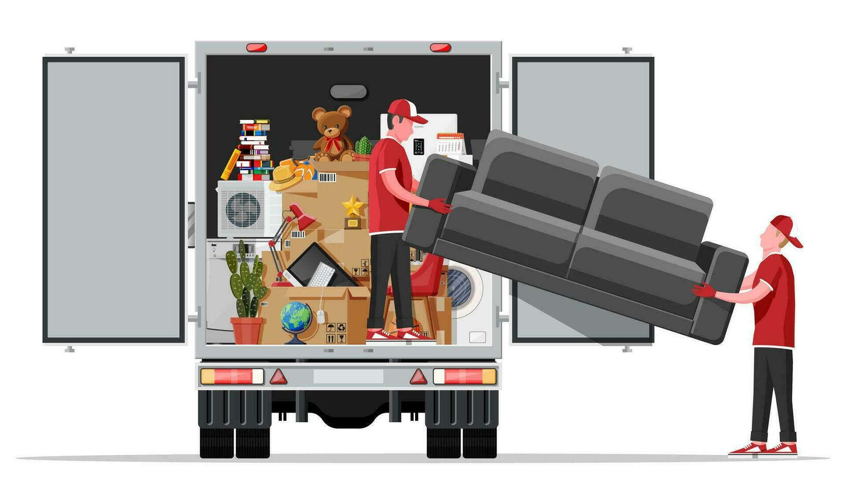 Delivery truck full of home stuff inside. Moving to new house. Family relocated to new home. Boxes with goods. Package transportation. Computer, lamp, clothes, books. Flat vector illustration