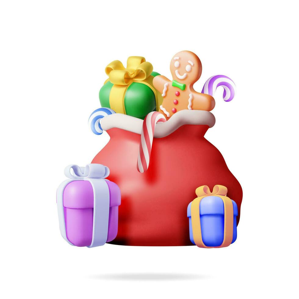 3d abierto Papa Noel claus saco lleno de regalos aislado. hacer rojo paño bolso para presenta contento nuevo año decoración. alegre Navidad día festivo. nuevo año Navidad celebracion. realista vector ilustración