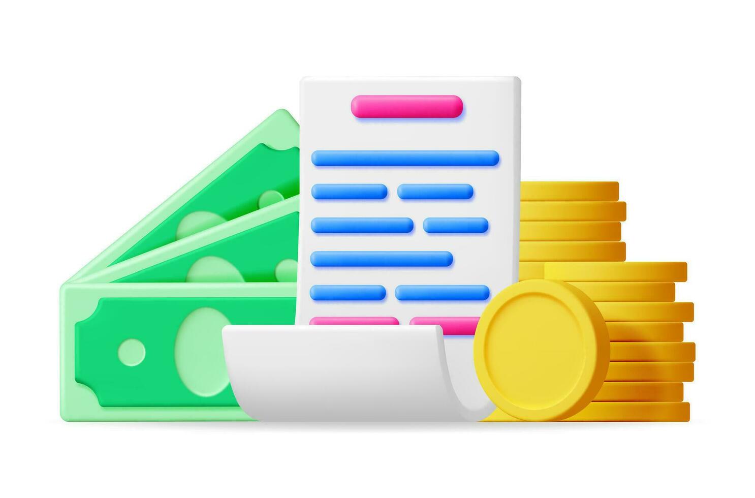 3D White Receipt with Coins and Banknotes. Render Paper Invoice and Money. Total Bill with Text Line. Online Shopping, Payment, Checkout, Money Transfer. Cartoon Paper Piece. Vector Illustration