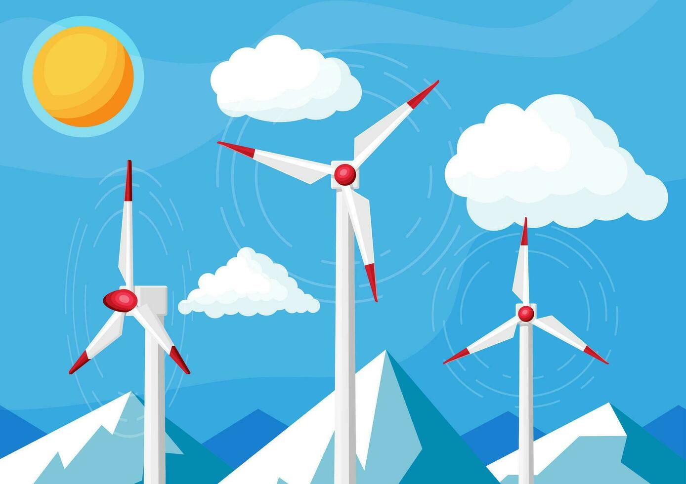 Wind Farm In Fields Among Mountains. Nature Landscape With Modern Windmills. Green Energy Concept Banner. Ecology Alternative Energy Source Technology. Flat Vector Illustration