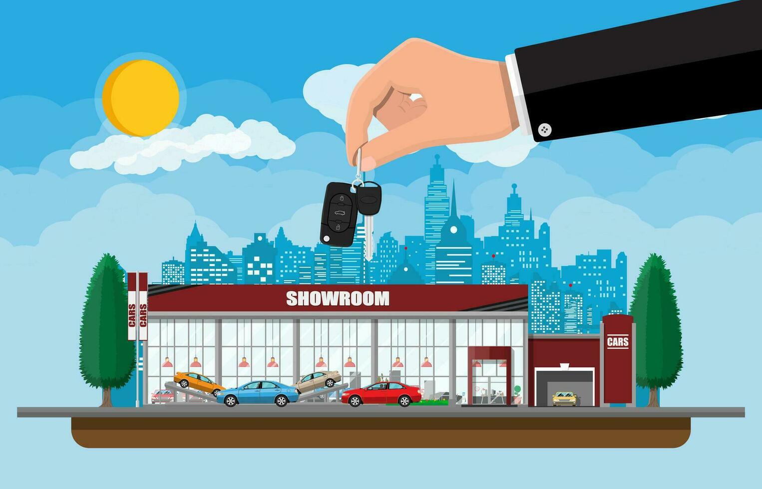 Exhibition pavilion, showroom or dealership. Car showroom building. Car center or store. Auto service and shop. Cityscape, road, house, tree, sky, cloud and sky. Vector illustration in flat style