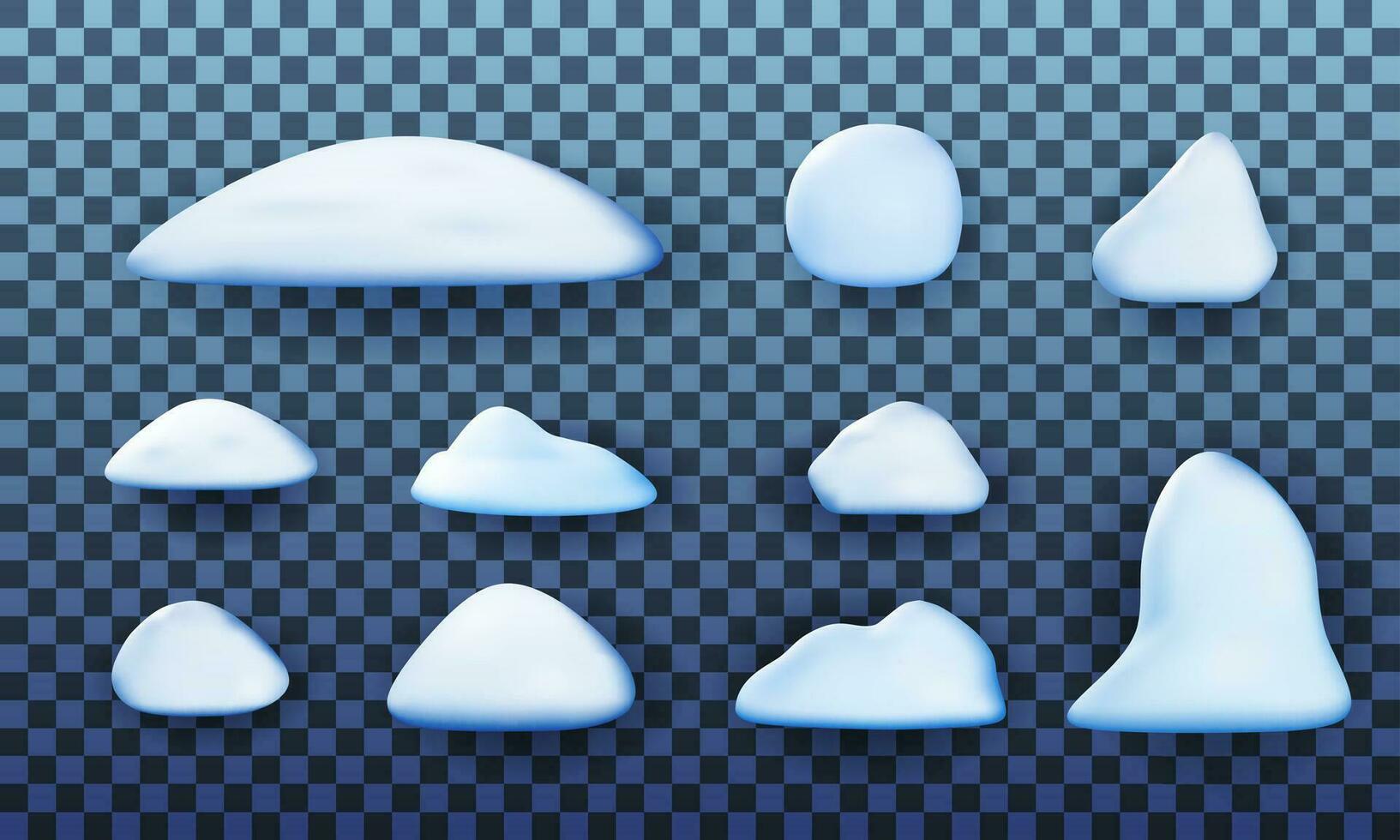 3D Set of Snow Shapes Isolated. Render Collection of Snowdrifts. Piles of Snow Icicles. Snow Caps Different Sides. Merry Christmas Holiday. New Year and Xmas Celebration. Vector Illustration