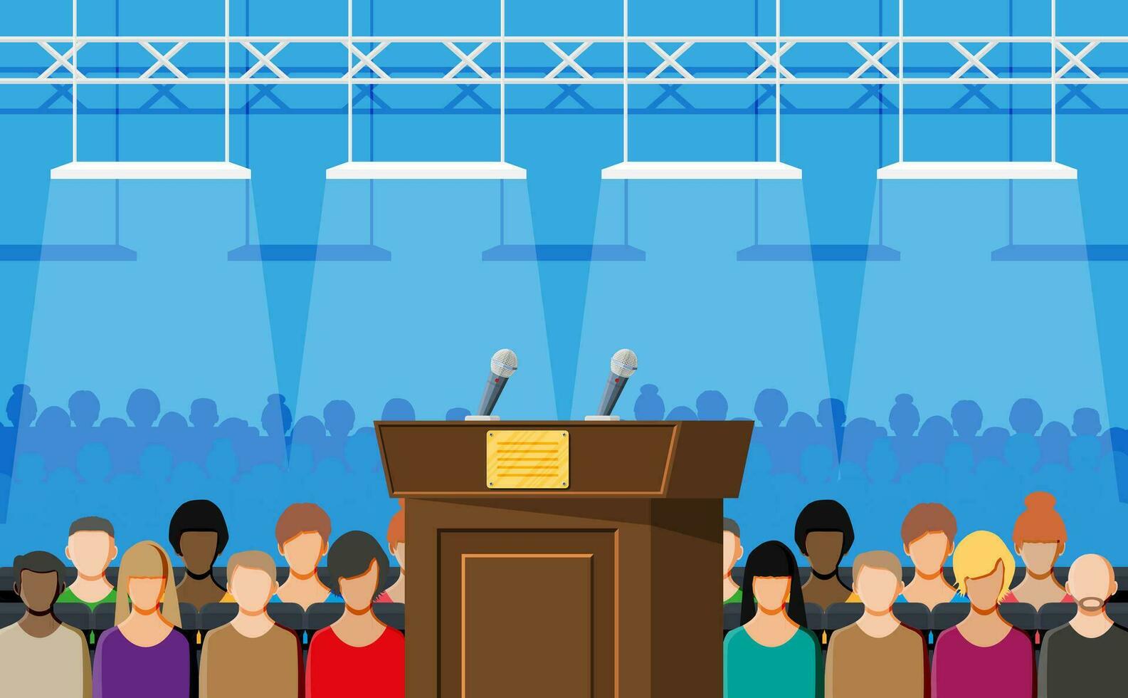 Brown wooden rostrum with microphones for presentation. Stand, podium for conferences, lectures or debates. Crowd of people. Vector illustration in flat style