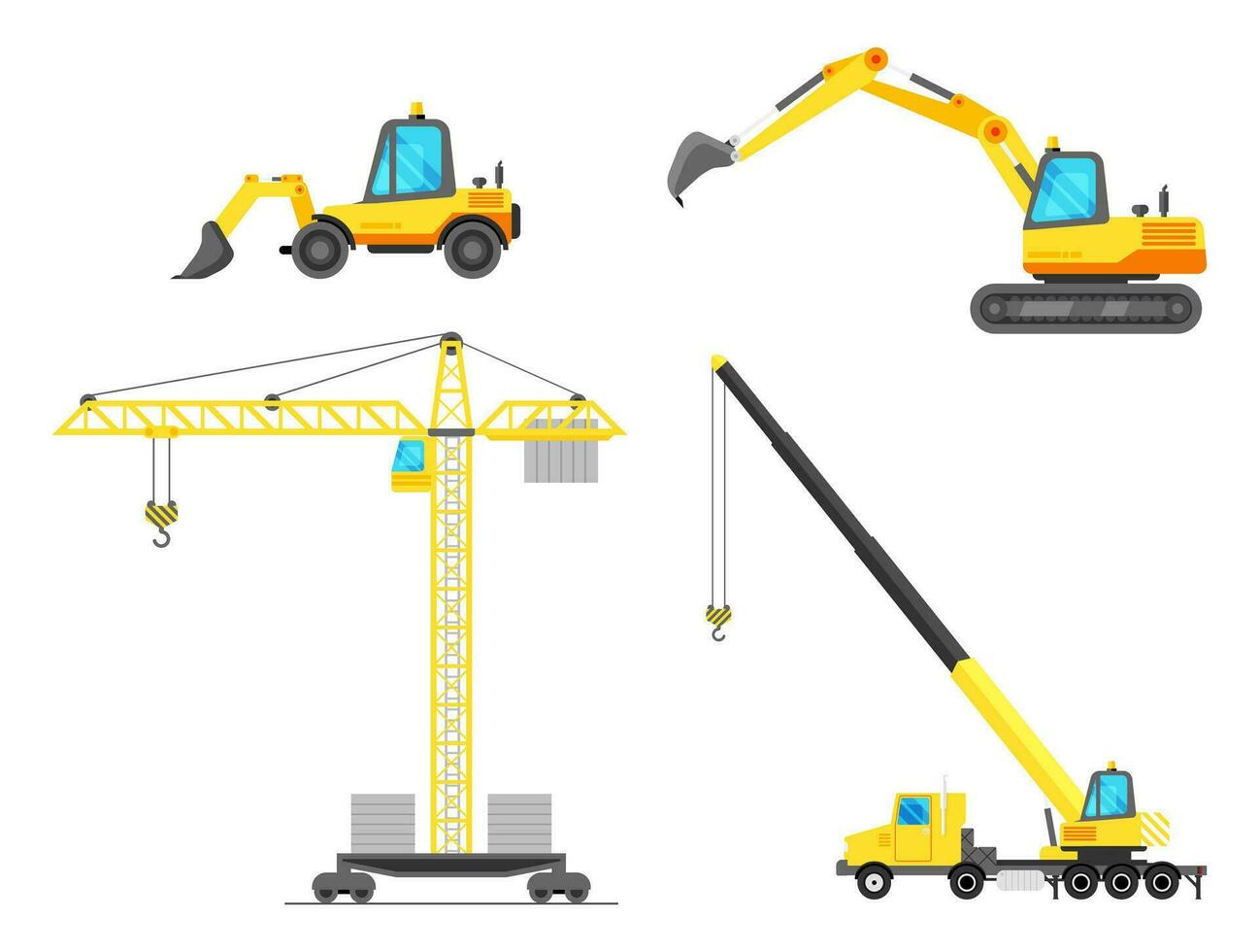 Building Machines Icon Set. Construction Equipment Collection Isolated on White. Tower Crane, Crane Truck, Excavator, Bulldozer. House Building Machine. Industrial Equipment. Flat Vector Illustration