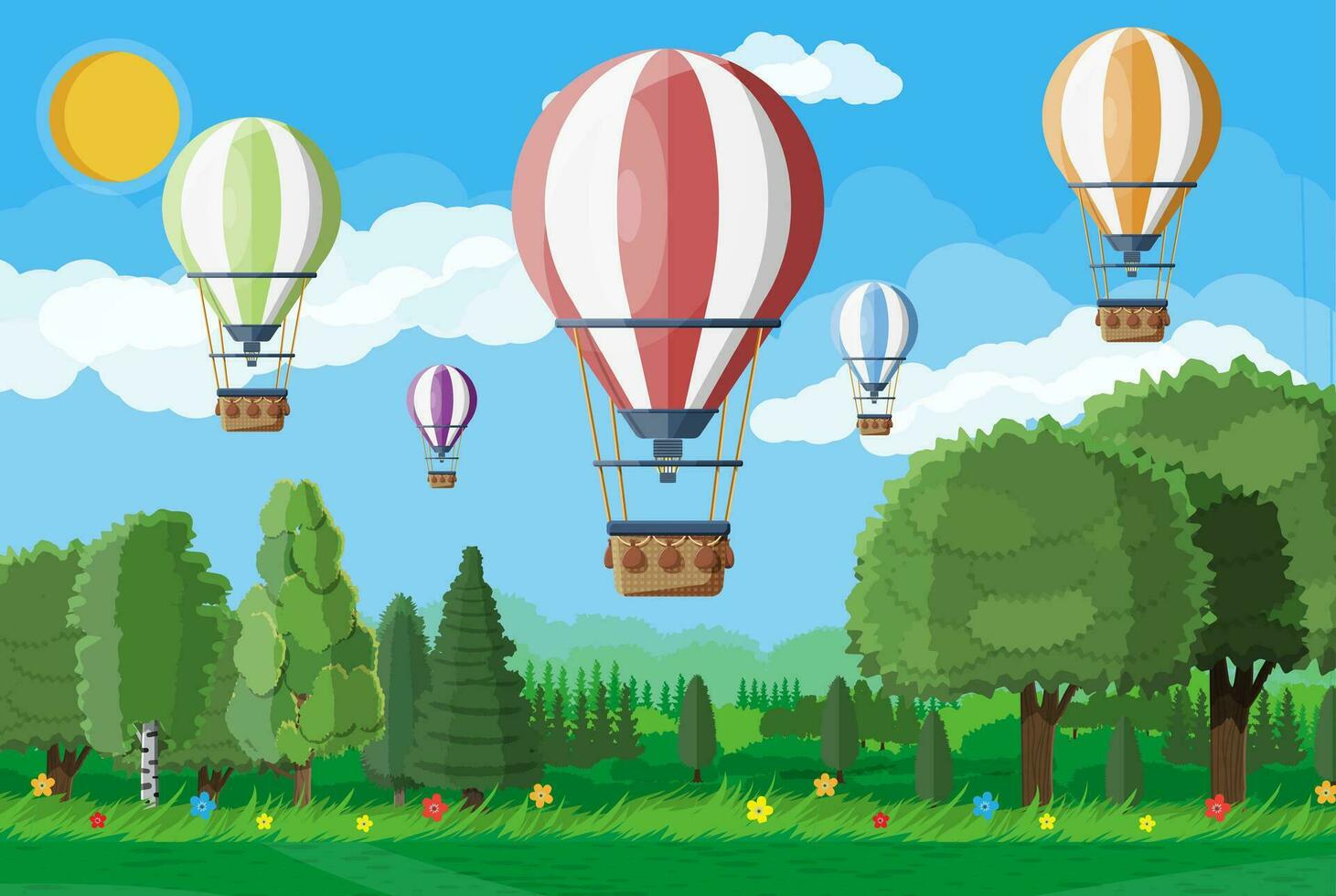Hot air balloon in the sky with clouds and sun. Vintage air transport. Nature outdoor background. Aerostat with basket. Flat vector illustration