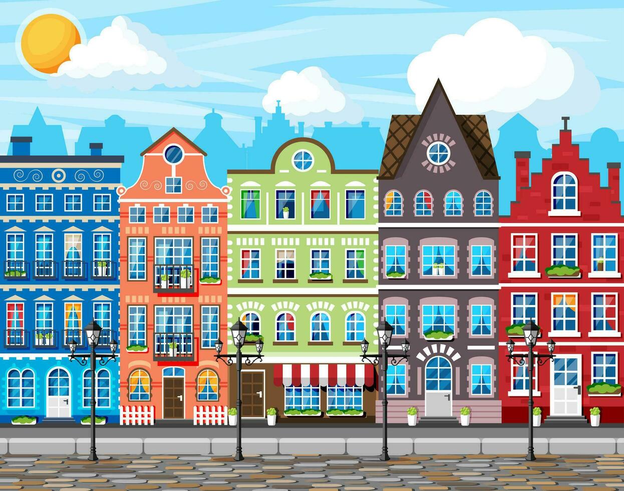 Traditional European Town. Old City Street with Lamp and Paving Stones Road. Medieval Urban Landscape. Street with Colorful Houses in Different Architectural Styles. Cartoon Flat Vector Illustration