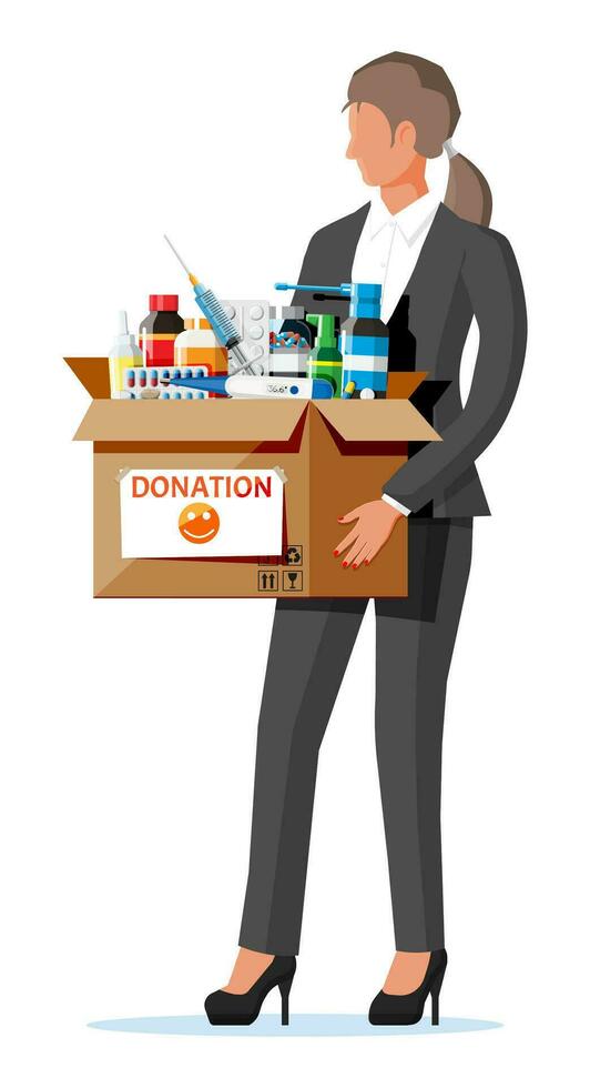 Woman and cardboard box full of drugs. Needed items for donation. Different pills bottles, healthcare, pharmacy. Medical drug vitamin antibiotic. Donate charity, thanksgiving. Flat vector illustration