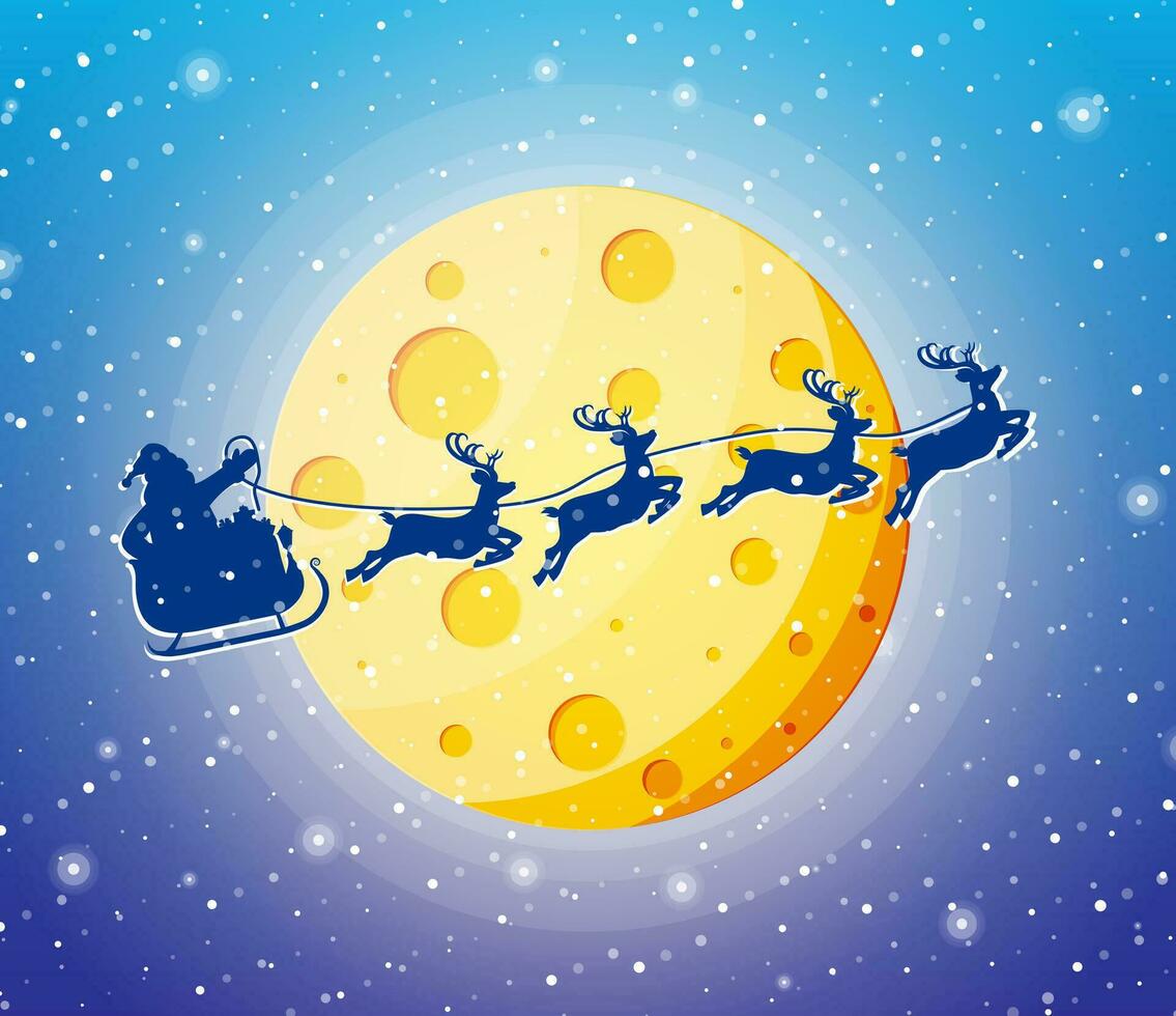 Santa Claus on Sleigh Full of Gifts and His Reindeers with Moon in Sky Silhouette. Happy New Year Decoration. Merry Christmas Holiday. New Year and Xmas Celebration. Vector Illustration