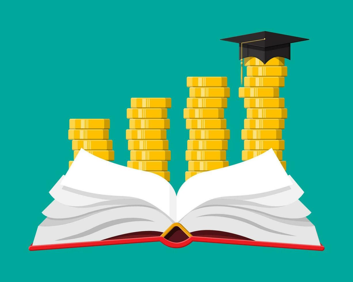 Graduation cap, open book and gold coin. Education savings and investment concept. Academic and school knowledge. Vector illustration in flat style