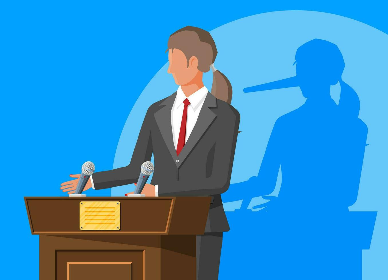 Businesswoman with long nose shadow on wall. Orator speaking from tribune. Public speaker. Liar, lying people in business. Cheat, fraud, scam, hoax and crime. Vector illustration in flat style