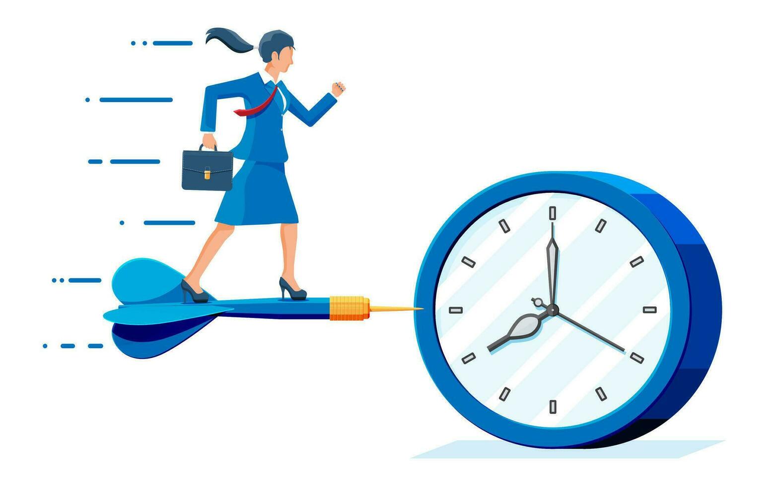 Businesswoman aim dart arrow to clocks target. Goal setting. Smart goal. Business target concept. Achievement and success. Time is money. Vector illustration in flat style