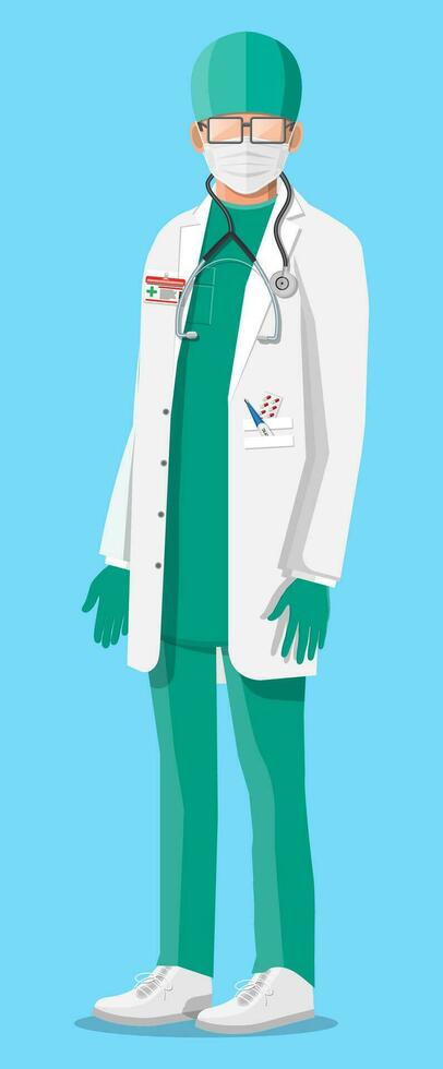 Doctor in white coat with stethoscope and mask. Medical suit with different pills and medical devices in pockets. Healthcare, hospital and medical diagnostics. Vector illustration in flat style