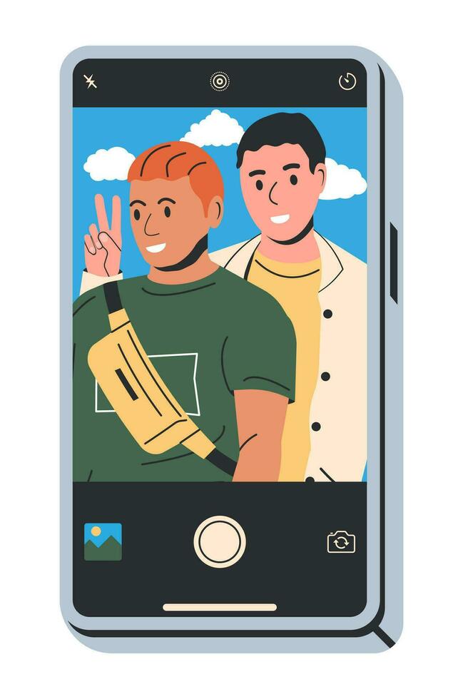 Pareja de elegante hombre tomando selfie juntos. amigos o gay Pareja en de moda casual ropa. chicos utilizando teléfono inteligente a tomar autofoto elegante masculino caracteres. plano vector ilustración