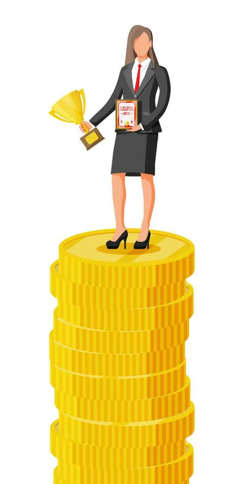 Businesswoman holding trophy, showing award certificate celebrates victory. Stacks of golden coins. Business success triumph goal achievement. Winning of competition. Flat vector illustration