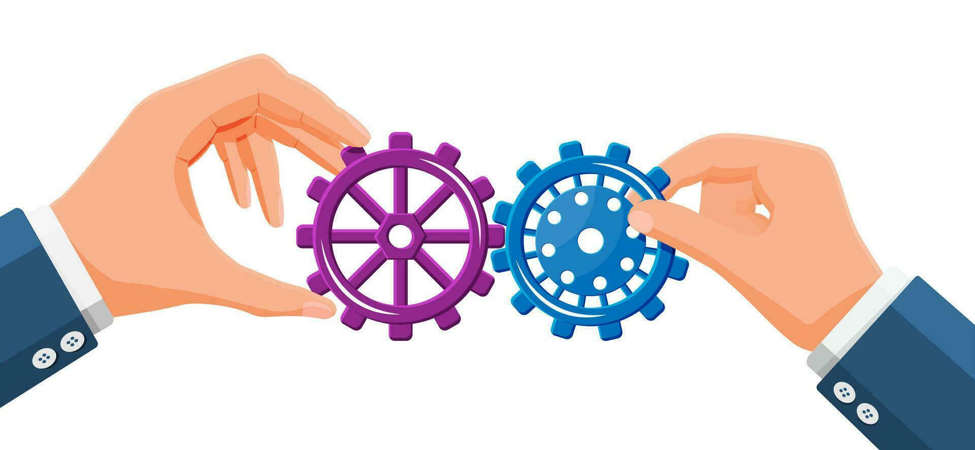 Businessman hands joining two gears together. Business team and teamwork concept. Partnership, business, cooperation, collaboration and management. Flat vector illustration
