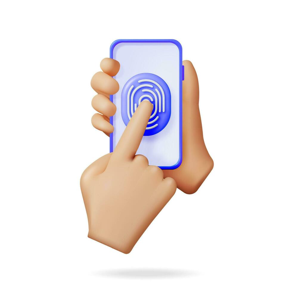3D Fingerprint on Mobile Phone Isolated. Render Finger Print and Smartphone. Identification and Authorization System. Fingerprint for ID, Passport, Application, Biometric Scan. Vector Illustration