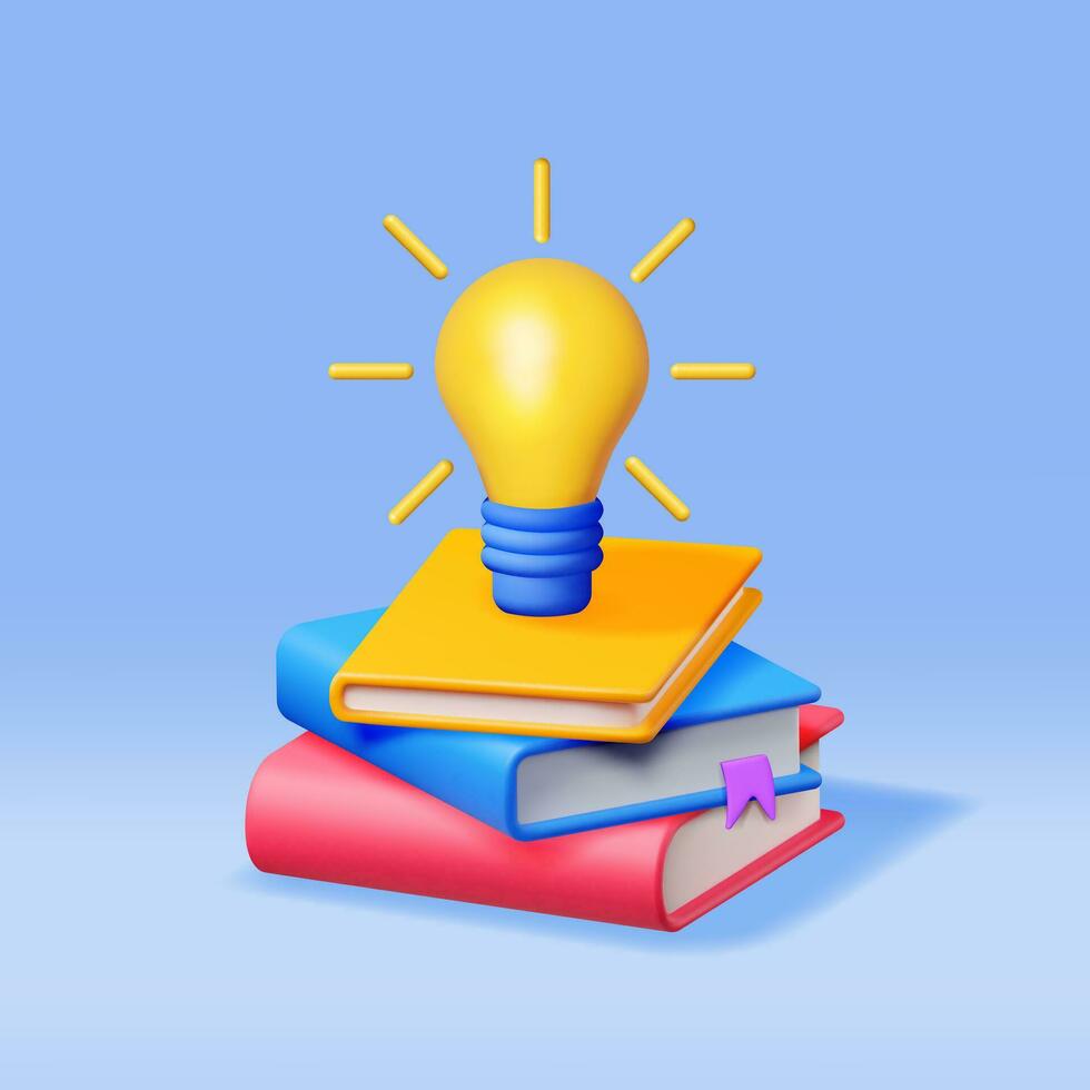 3D Stack of Closed Books with Light Bulb. Render Pile of Books and Idea Bulb. Set of Educational or Business Literature. Reading Education, Literature, Encyclopedia, Textbook. Vector Illustration