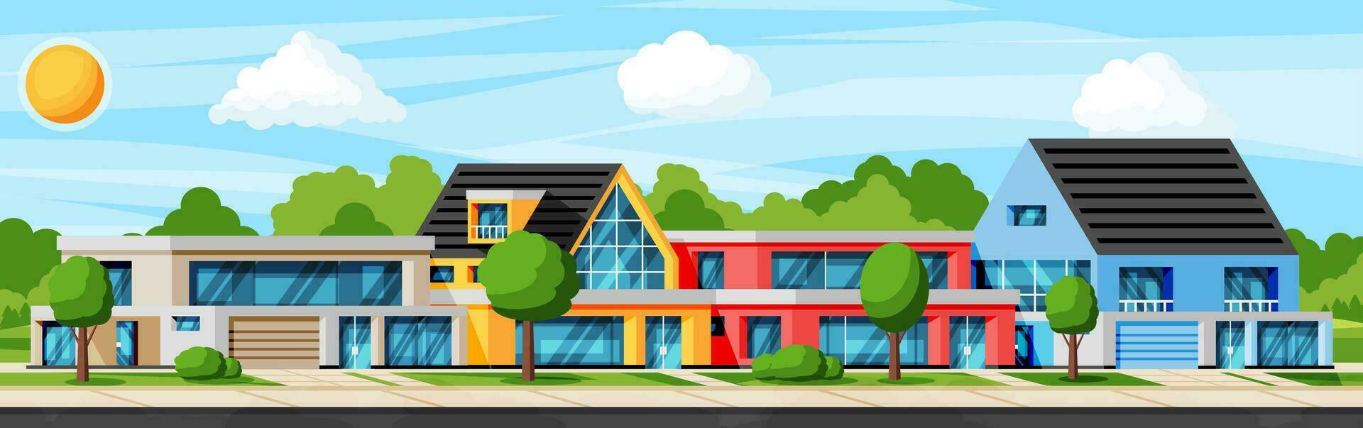 Landscape with Residential Cottage or Countryside Building Exterior. Facade with Trees and Garden at Front Yard. Modern Suburban House. Real Estate Concept. Cartoon Flat Vector Illustration