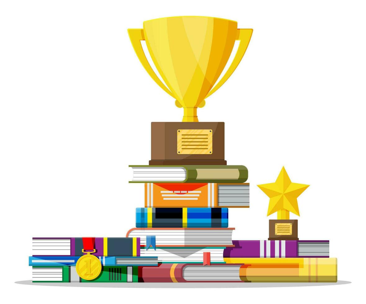 Stack of books with golden cup trophy and medal. Academic and school knowledge, business education and graduation. Reading, e-book, literature, encyclopedia. Vector illustration in flat style