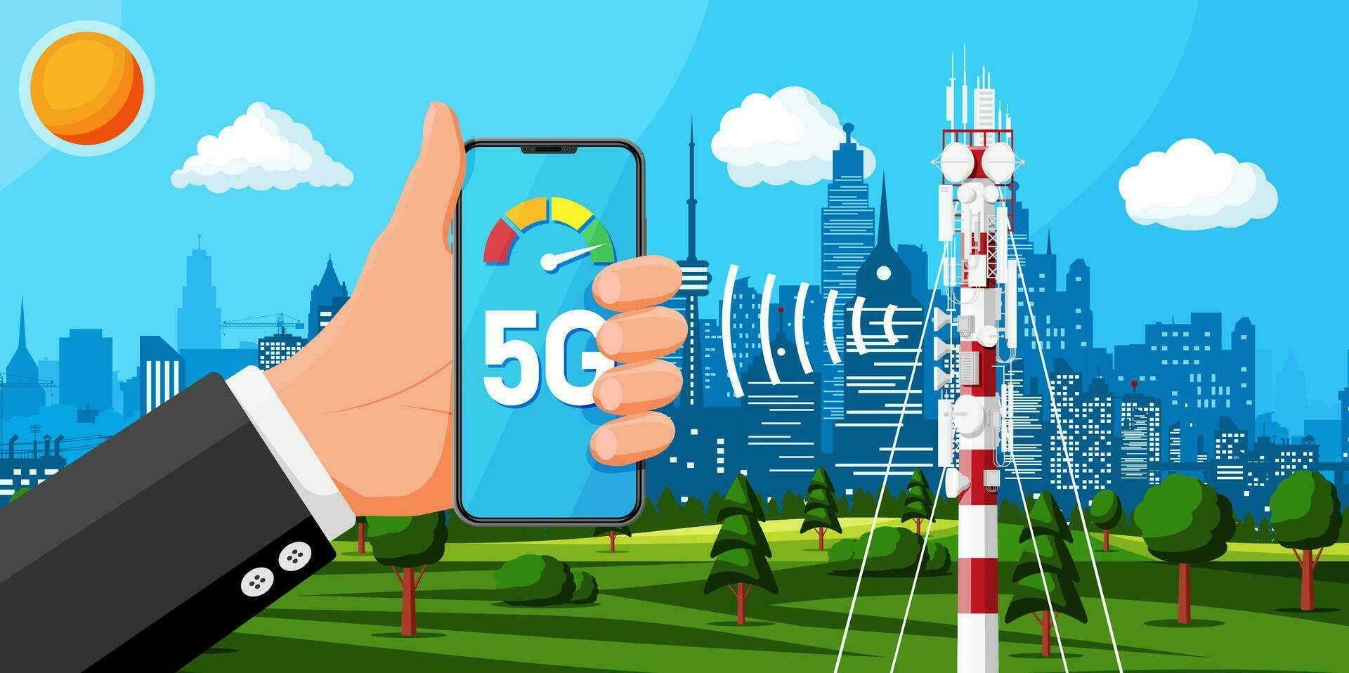 Transmission Cellular Tower Antenna Landscape. Network Broadcast Equipment Smartphone. Broadcasting, Internet, Television Cell Station. 4G 5G. Satellite Communication Antenna. Flat Vector Illustration