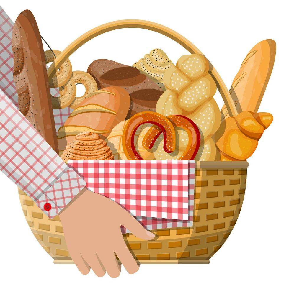 Bread icons and wicker basket in hand. Whole grain, wheat and rye bread, toast, pretzel, ciabatta, croissant, bagel, french baguette, cinnamon bun. Vector illustration in flat style