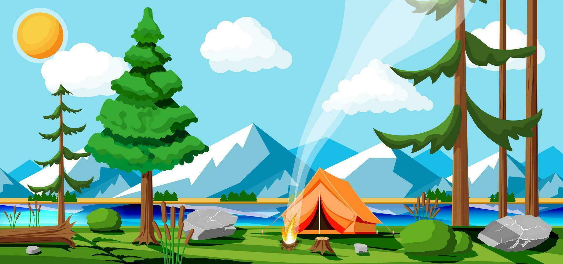 Meadow With Grass And Camping. Tents And Campfire. Summer Landscape Concept. Green Forest And Blue Sky. Countryside Rolling Hills, Lake And Mountains. Trees On The Horizon. Flat Vector Illustration