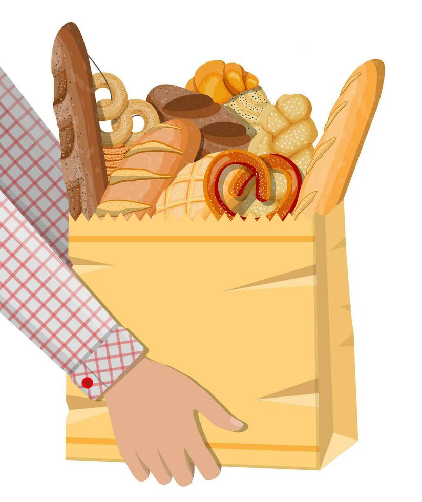 Bread icons and paper shopping bag. Whole grain, wheat and rye bread, toast, pretzel, ciabatta, croissant, bagel, french baguette, cinnamon bun. Vector illustration in flat style