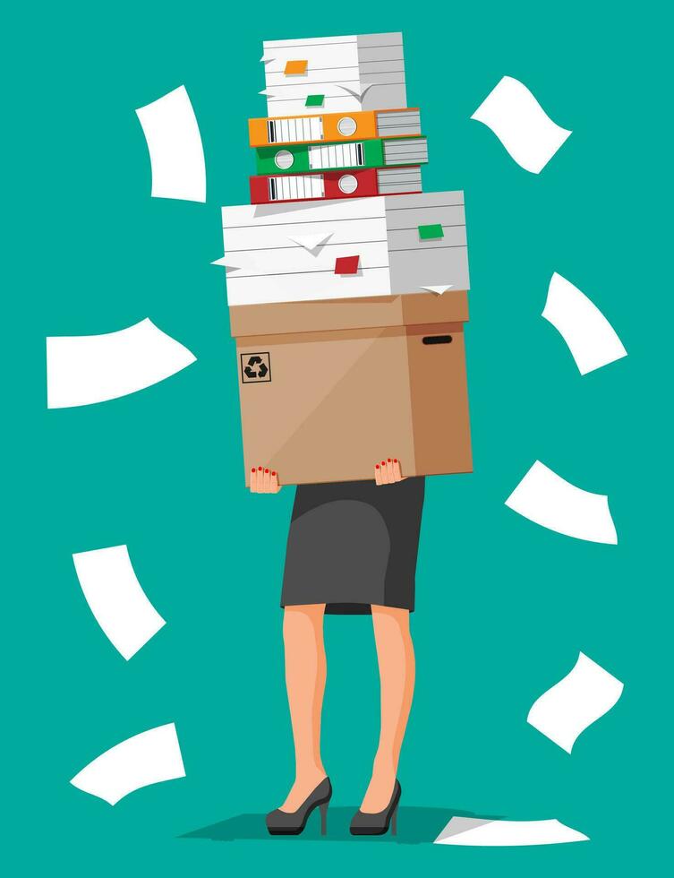 Stressed businesswoman holds pile of office documents. Overworked business woman with stacks of papers. Stress at work. Bureaucracy, paperwork, big data. Vector illustration in flat style