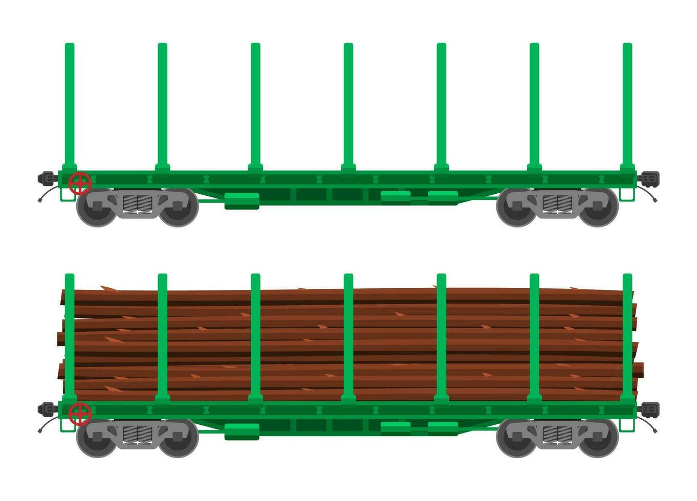 tren ferrocarril coche para transporte crudo madera. carril vagón plano lleno de de madera bañador. carga furgón vagón. vagón plano parte de carga tren. ferrocarril transporte. plano vector ilustración