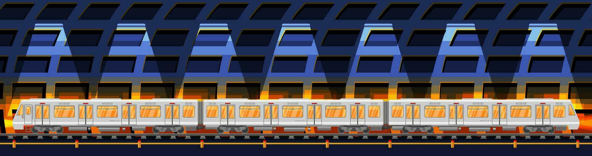 Detailed Underground Train Car in Tunnel. Subway Railway Car with Lights. Modern Urban Metro. Passenger Express Railway. Railroad Public Transportation. Rapid Transport. Flat Vector Illustration
