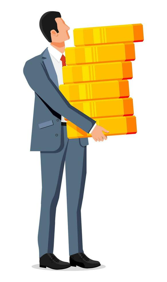 Successful businessman holding stack of big dollar coins. Business man with golden coin. Business success, triumph, goal or achievement. Winning of competition. Vector illustration flat style