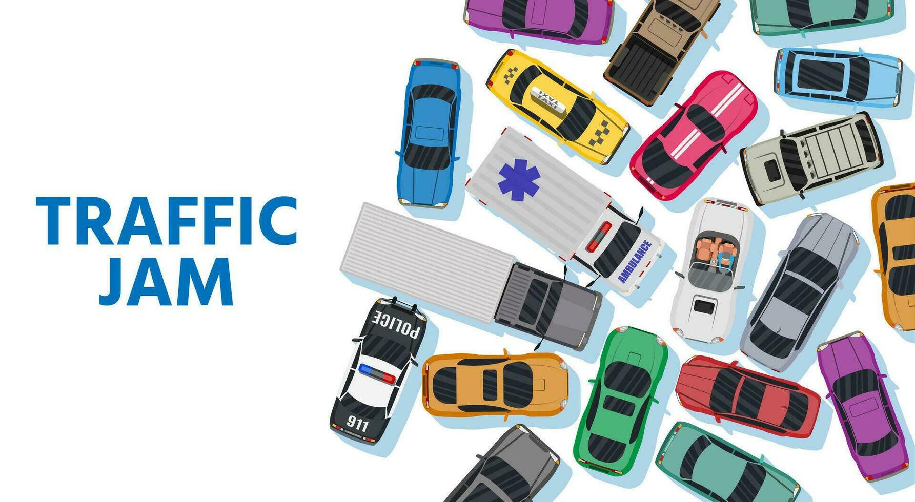 White Road with Many Different Vehicles in Traffic Jam. Narrowing or Bottleneck on Road Top View. Map of Cars. Urban Transport. Traffic Regulations. Rules of Road. Vector Illustration in Flat Style