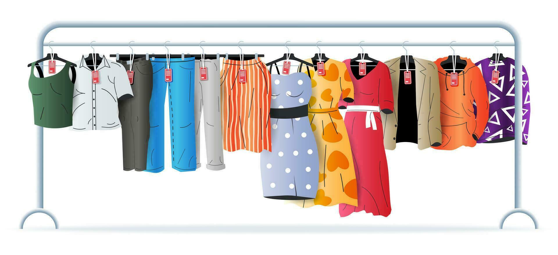 Mens and Womans Clothes on Hanger. Shop Wardrobe. Clothes and Accessories. Various Hanging Clothing with Price Tag. Seasonal Sale of Clothes. Jacket, Shirt, Jeans, Pants. Flat Vector Illustration